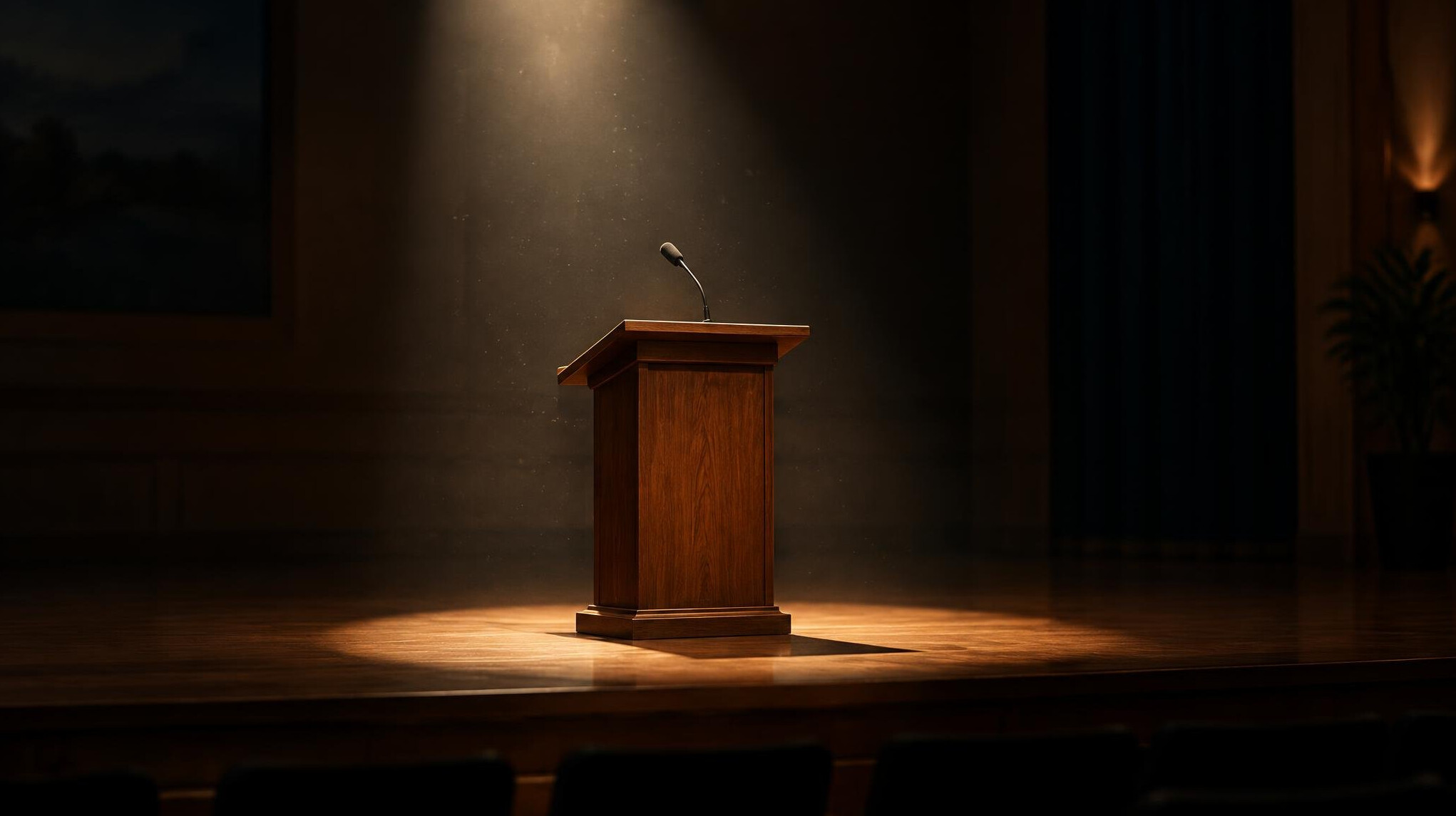 Spotlight shining on an empty podium in a dark hall
