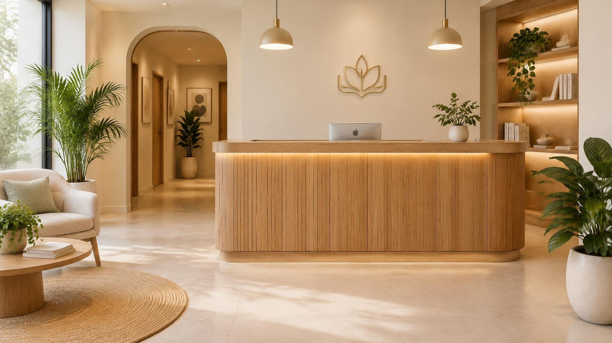 Bright reception area of a boutique academy with a wooden desk and plants